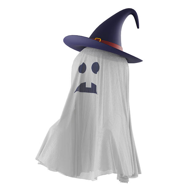 Cute funny Fabric Ghost character and witch hat isolate on white background.