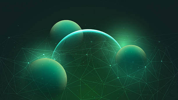 Futuristic Global Technology Network Green Glowing digital globe with abstract network connections and futuristic green spheres. Modern cyber technology background for innovation and science. green technology stock illustrations