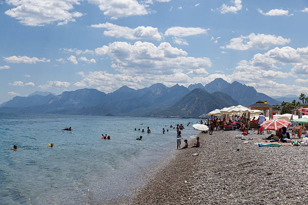 Empty beach at seaside at early autumn, Boka bay, Adriatic sea, Montenegro, Mediterranean