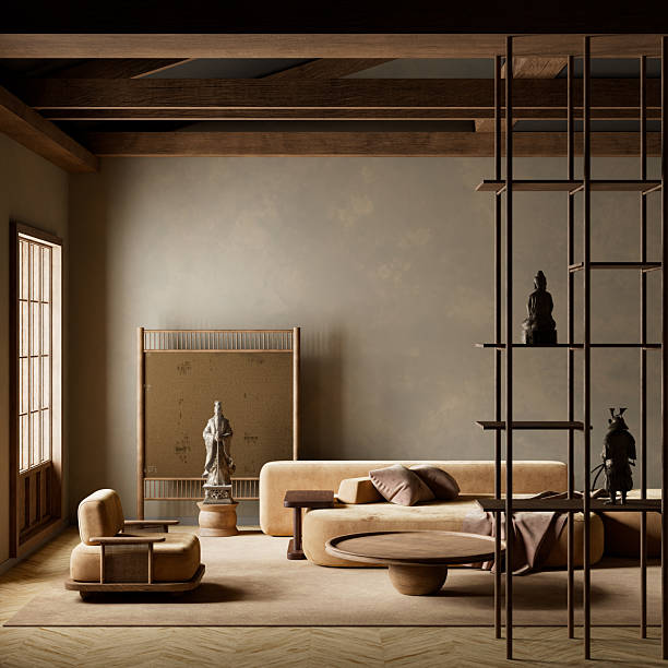 istock Japandi living room interior with natural elegance. 3D illustration 2233778661