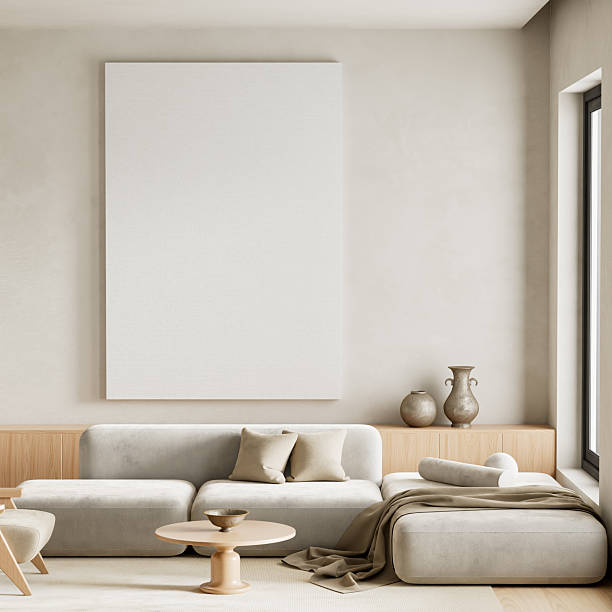 istock Modern interior with mock up poster frame and neutral sofa. 3D illustration 2233778669