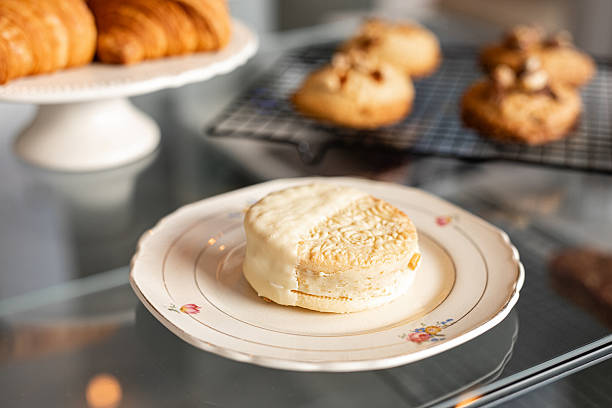 Delicious French pastries on a shop counter
