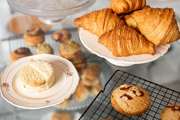 Delicious French pastries on a shop counter
