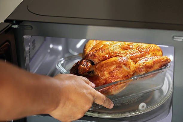 istock Heating food in the microwave. Chicken grill. Kitchen device 2233786301