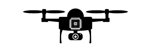 istock AI Chip Drone, black logo or icon. Smart copter with AI chip. Silhouette of quadcopter isolated on white background. Design can be used for printing, mobile and web app. 2233787721