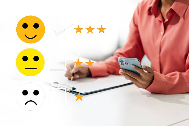 istock Happy Client customer experience concept. Woman recording phone inquiry with checkboxes, smiling face rating excellent for satisfaction survey. 2233794674