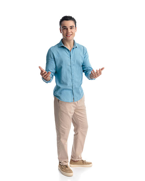 istock attractive young guy in blue jeans shirt opening arms and inviting 2233795887