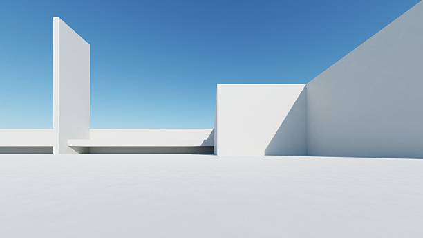 istock 3d illustration of abstract modern architecture background, Minimal geometry architectural design, Car presentation backdrop with empty concrete floor, Geometric white blocks building design 2233799910
