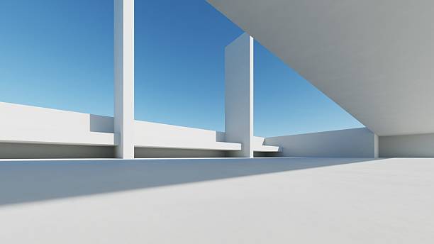 istock 3d illustration of abstract modern architecture background, Minimal geometry architectural design, Car presentation backdrop with empty concrete floor, Geometric white blocks building design 2233799912