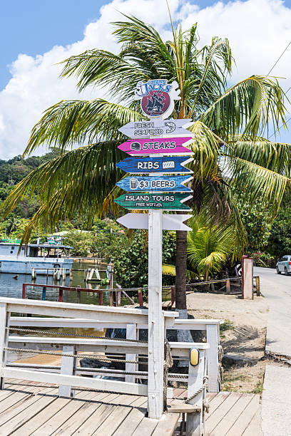 Consolation Bight, Roatan Island, Honduras - April 16, 2024: Wooden arrow signs are located at Consolation Bight, next to the Port of Roatan in Honduras.