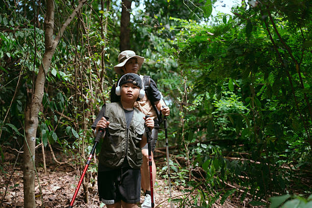 Two boys trek through a vibrant forest, using hiking poles to navigate the terrain. They are dressed for adventure, focused on their surroundings in the warm summer weather.