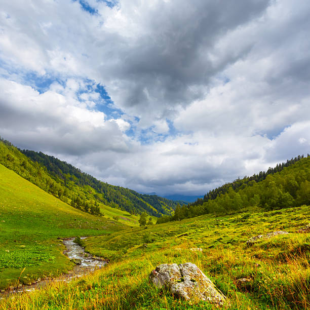 Scenic mountain landscape with beautiful valley and mountain peaks,green grass,sky with clouds.Summer landscape. Green,blue. Schladminger tauern,Alps,Austria.