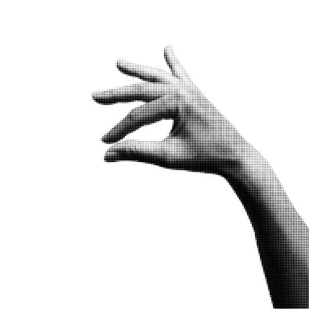istock Hand picking up something. Human hand in halftone pop art style. Modern collage newspaper element isolated on transparent background with copy space. 2233806712