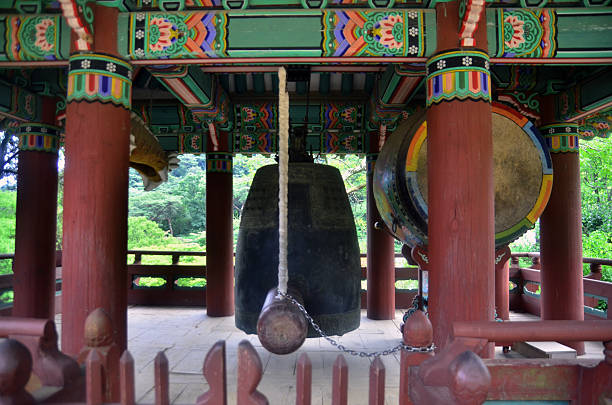 Jeondeungsa Jonggo is the pavilion for the four Buddhists instruments; Brahma bell, Dharma drum, wooden fish, and cloud shaped gong at the Jeondeungsa Temple in Ganghwa county, Incheon city, South Korea, August 23, 2013