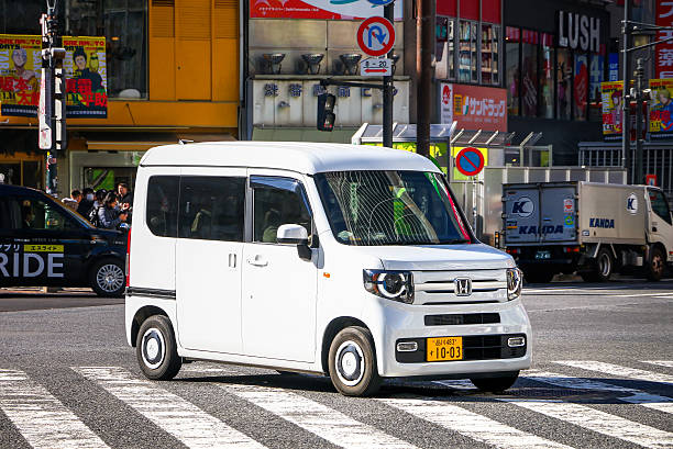 Tokyo, Japan - January 14, 2025: White microvan Honda N-VAN in the city street.