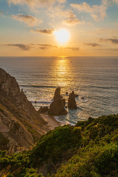 istock A breathtaking sunset over a rugged coastline with golden light reflecting on the ocean, dramatic sea stacks, and lush greenery on cliffs 2233811217