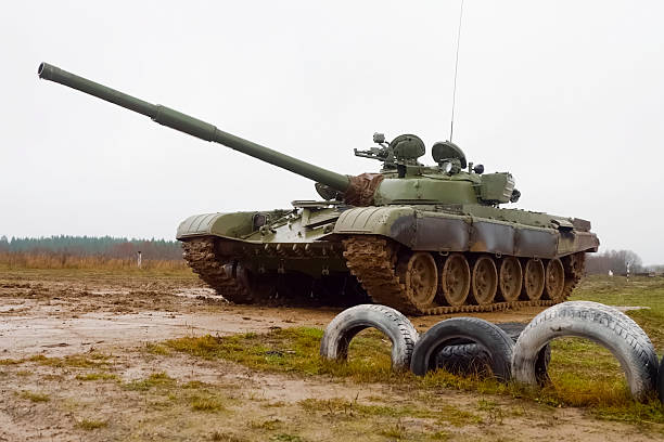 istock T-72 tank testing at proving ground overall view with hull and turret details. 2233811859