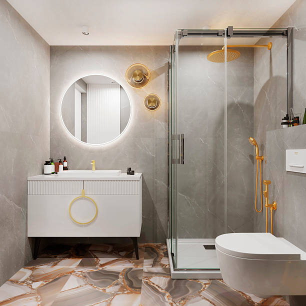 istock 3D visualization of the interior of a modern bathroom with gold-colored faucets. 2233821324