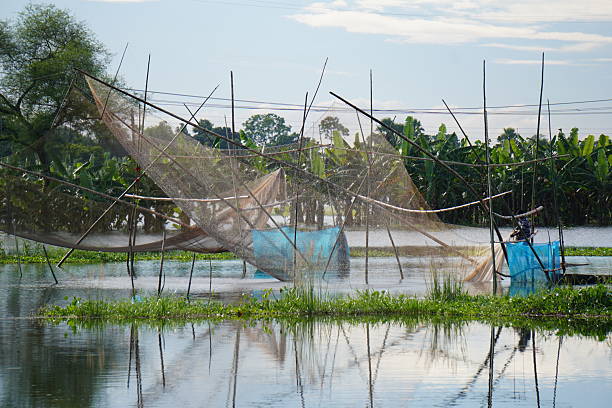 istock Large bamboo Chinese fishing nets over reflective river water 2233825887