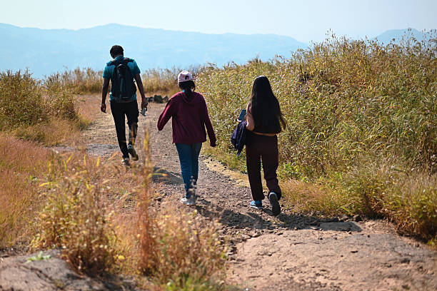 A group of hikers walking along a rocky mountain trail surrounded by tall golden grass under a clear blue sky. The scenic outdoor path captures the essence of trekking and nature exploration, perfect for concepts of adventure, teamwork, and travel.