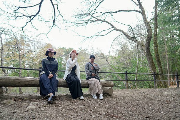 Three women sitting on a log in a park. One of them is wearing a hat. Scene is peaceful and relaxing