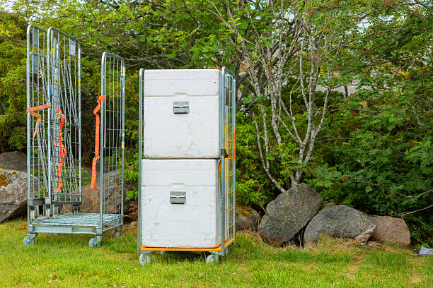 Styrofoam thermal boxes stacked for food delivery to stores, ensuring temperature control, freshness, and safe transport of perishable products in the supply chain