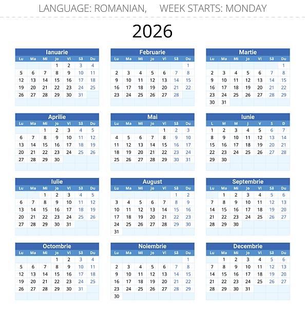 2026 Year Romanian Calendar Vector For Romania Moldova 2026 Year Romanian Calendar Vector For Romania Moldova 