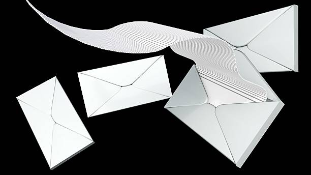 Isolated white envelopes and a long, flowing sheet of paper