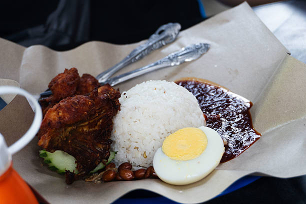 Traditional Malaysian nasi lemak served with spiced fried chicken, coconut rice, sambal, boiled egg, crispy anchovies, roasted peanuts, and sliced cucumber. A popular and flavorful dish commonly enjoyed for breakfast, lunch, or dinner in Malaysia and Southeast Asia.