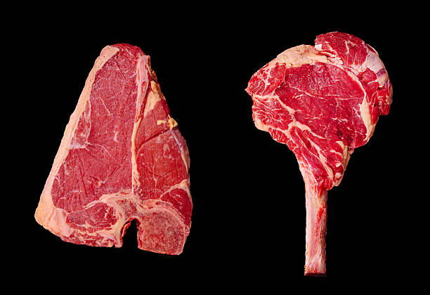 Different cuts of beef displayed on a black background for culinary comparison