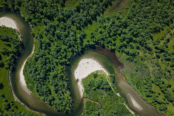 High-resolution aerial view of a winding river cutting through a lush green forest and meadow, forming a sandy beach surrounded by vegetation. People with umbrellas and towels can be seen enjoying the secluded natural spot, creating a striking contrast between the blue and white beach area and the surrounding greenery.