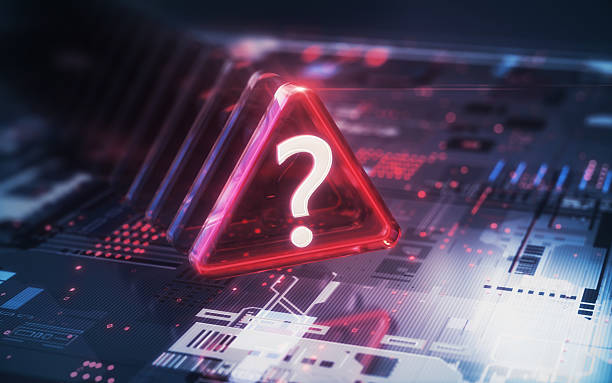 istock White Question Mark Icon in Glass with Shining Red and White Triangles in Rows on Digital Background 2233848138