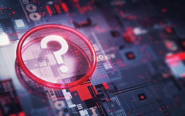 istock Round Glowing Red White Glass Question Mark Symbol on Red Blue Digital Circuit Board Background 2233848168