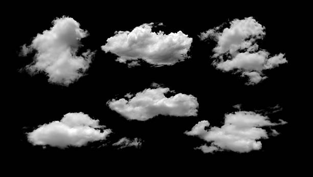 istock Set of white fluffy clouds isolated on black background, perfect for design elements, digital art, photo editing, sky replacement, and creative projects in weather, nature, and visual effects concept. 2233850156