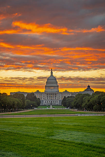 This series of stunning photographs captures the iconic United States Capitol Building at a vibrant sunrise, showcasing its majestic architecture bathed in the warm, golden light of dawn. The sky explodes with a breathtaking palette of reds, oranges, and yellows as dramatic clouds streak across the horizon, creating an awe-inspiring backdrop for the nation's capital. The illuminated dome stands proudly against the morning glow, with the pristine green lawn leading the eye towards this powerful symbol of American democracy. Each image offers a unique perspective of this unforgettable morning spectacle.. High quality photo