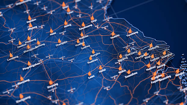 istock Bengbu map big data visualization. Futuristic map infographic of city in China. Visual map data complexity in modern blue and orange colors 2233861635