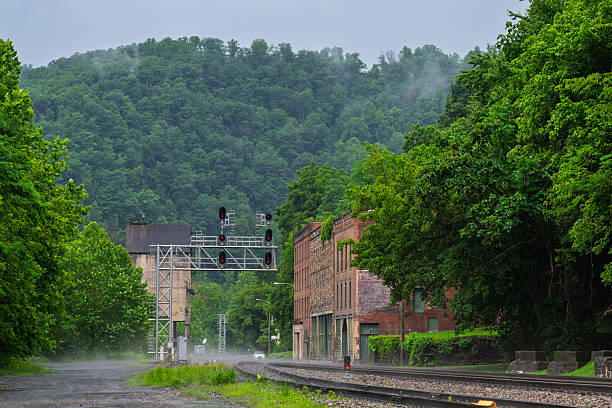 Thurmond, West Virginia in the rain with rail crossing and historic building and bridge.