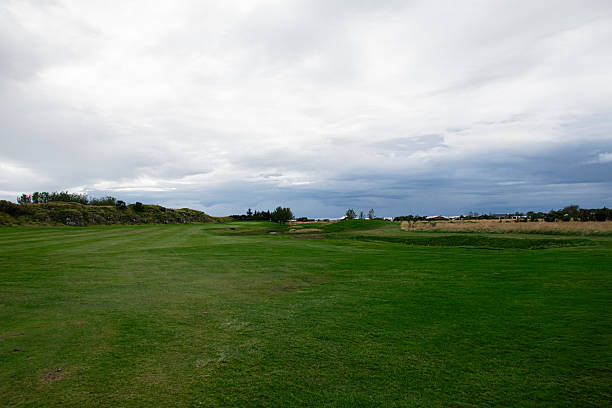 istock Lush green golf course in Iceland under overcast sky with scenic horizon 2233862393