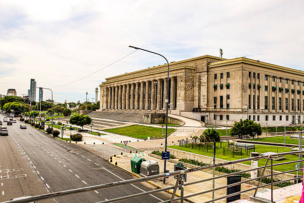 Buenos Aires, Argentina - October 06, 2019. The Palace of Justice of the Argentine Nation at night. The seat of the National Supreme Court and located at the Talcahuano Street.