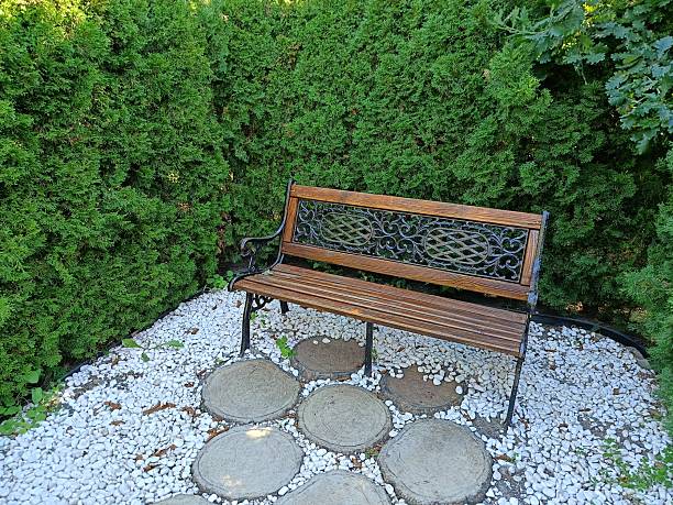 a secluded corner for relaxation - a bench surrounded by tall yew trees