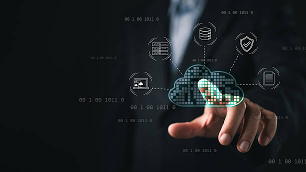 istock businessman touch with a glowing digital cloud icon connected to data and security symbols, cloud computing, digital infrastructure, cybersecurity, data storage, and enterprise technology systems. 2233866544