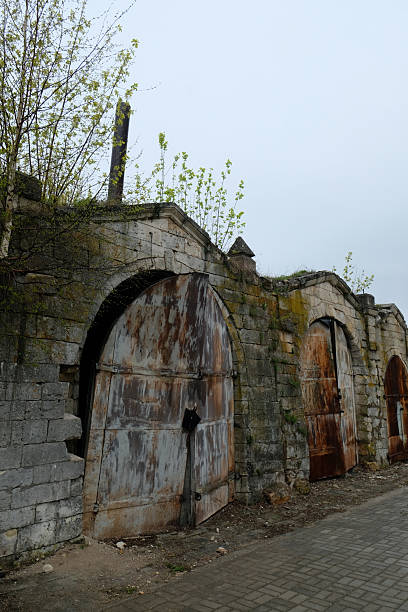 istock Weathered stone wall with ornate arches and rusted doors in a quiet outdoor area during overcast weather 2233868281