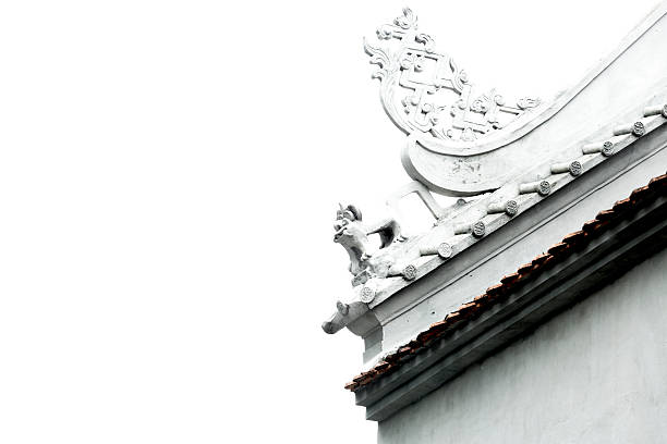 Shot in color detail on the facade of this historic building representing some character, animal or flower. Set at Hanoi, Vietnam, Asia