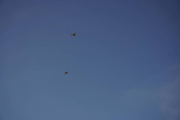 Two dragonflies flying high in clear blue sky with minimal negative space