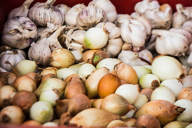 Close up of white and brown onions on display at a farmers market