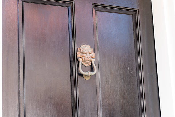 Close-up of a decorative lion head door knocker on a historic wooden door in Charleston, South Carolina.