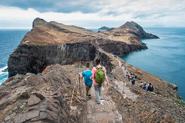 People hike the Sao Lourenco Trail (Vereda da Ponta de Sao Lourenco) in Madeira.