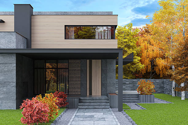 Closeup top part of modern house, background with copy space, full frame horizontal composition