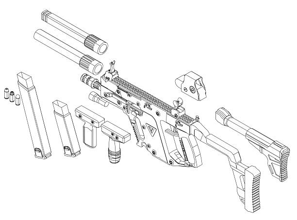 istock Disassembled rifle contour drawing with labeled parts including stock, barrel, and other components on a white background. 2233936314