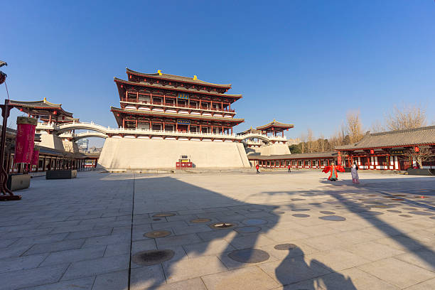 Xi'an, China - Dec 31, 2024 : View of Ziyun Ruyi Tower in Tang Paradise against blue sky in Xian, China on Dec 31, 2024.